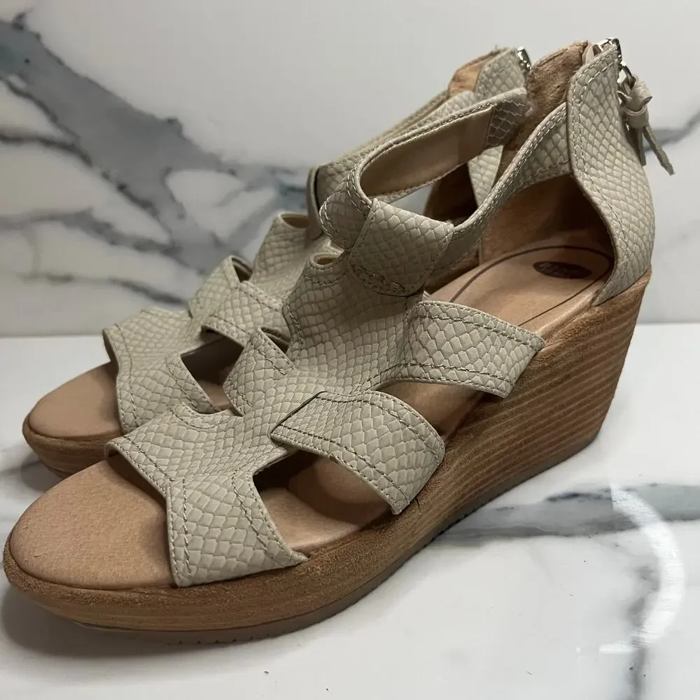 Dr Scholl's Women's Neutral Faux Leather Wedge Long Island Sandals Sz 7 EUC